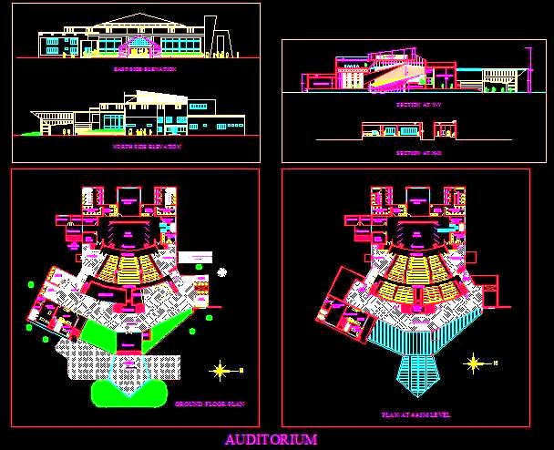 500-Seat Auditorium Design DWG Detailed Floor Plans & Sections